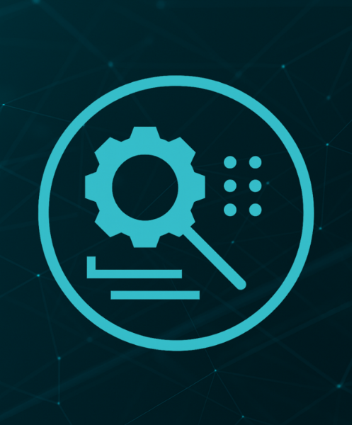 Icon of a gear with a magnifying glass inside, representing settings or tools, against a digital network background.