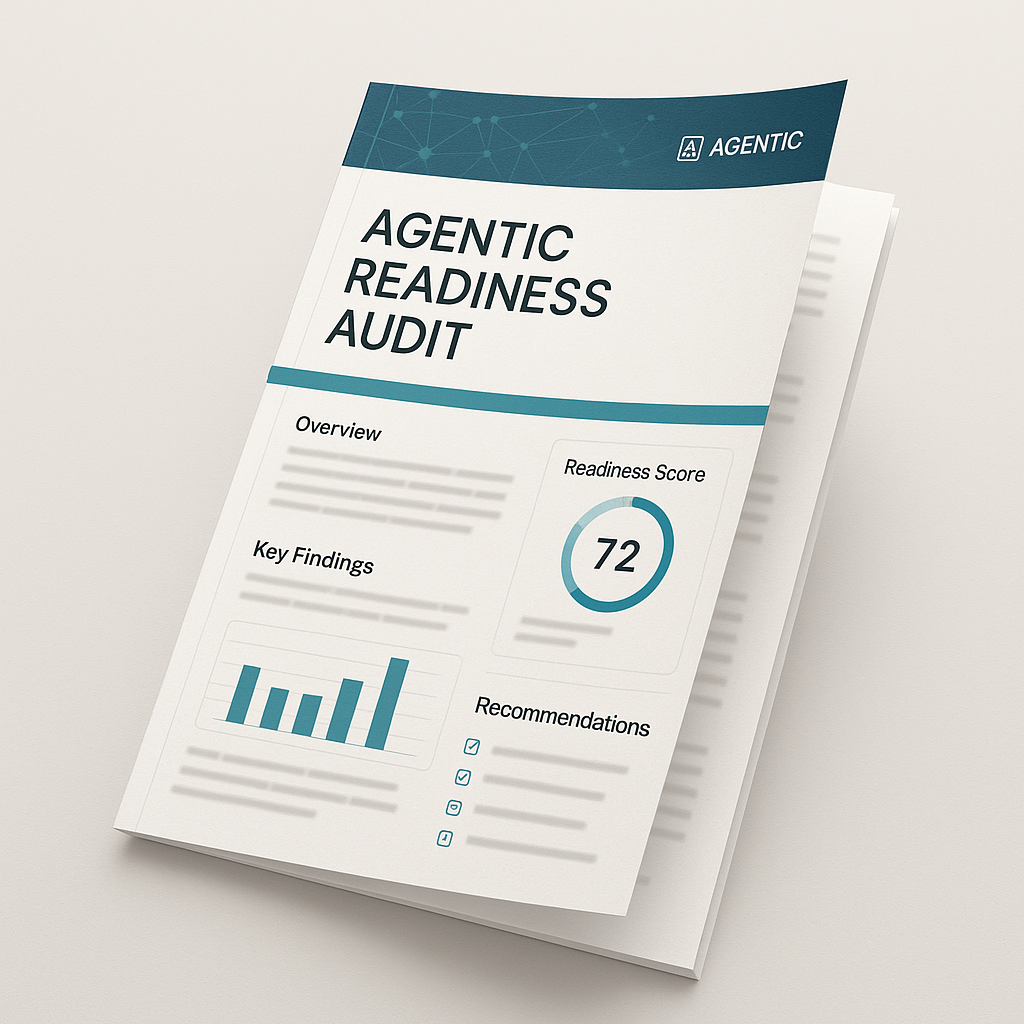 A report titled 'Agentic Readiness Audit' with a readiness score of 72, a bar chart of key findings, and recommendations listed on the front page.