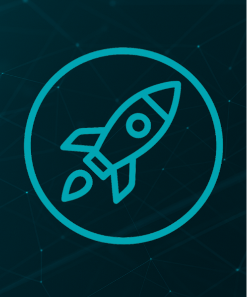 Line drawing of a rocket inside a circle with a technological background.