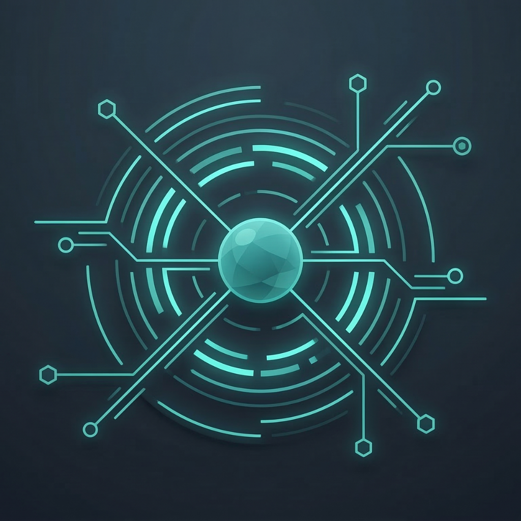 A digital graphic of a central sphere with lines and concentric circles radiating outward, resembling a futuristic radar or technology interface.