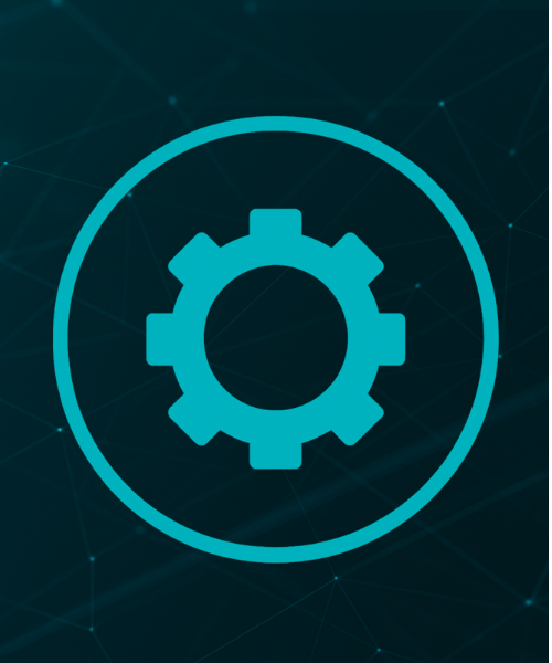 A gear icon inside a circle, symbolizing settings or configuration, with a digital network background.