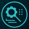 Icon of a gear with a magnifying glass inside, representing settings or tools, against a digital network background.