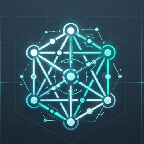 Digital illustration of a glowing blockchain or network diagram with interconnected nodes and lines on a dark background.