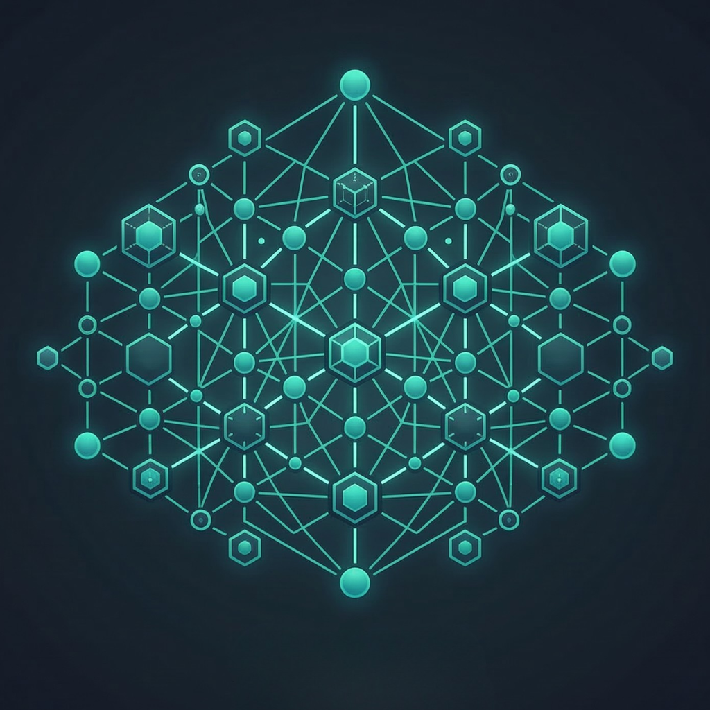Diagram of a digital network with interconnected nodes, hexagons, and lines, illuminated in blue on a dark background.