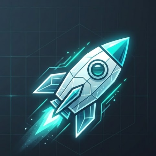 Digital illustration of a rocket launching with blue and white colors, glowing effects, and a grid background.