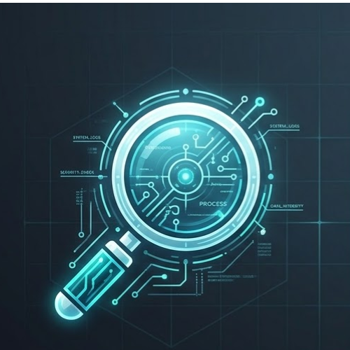 Futuristic digital interface with a magnifying glass, showing data and process icons