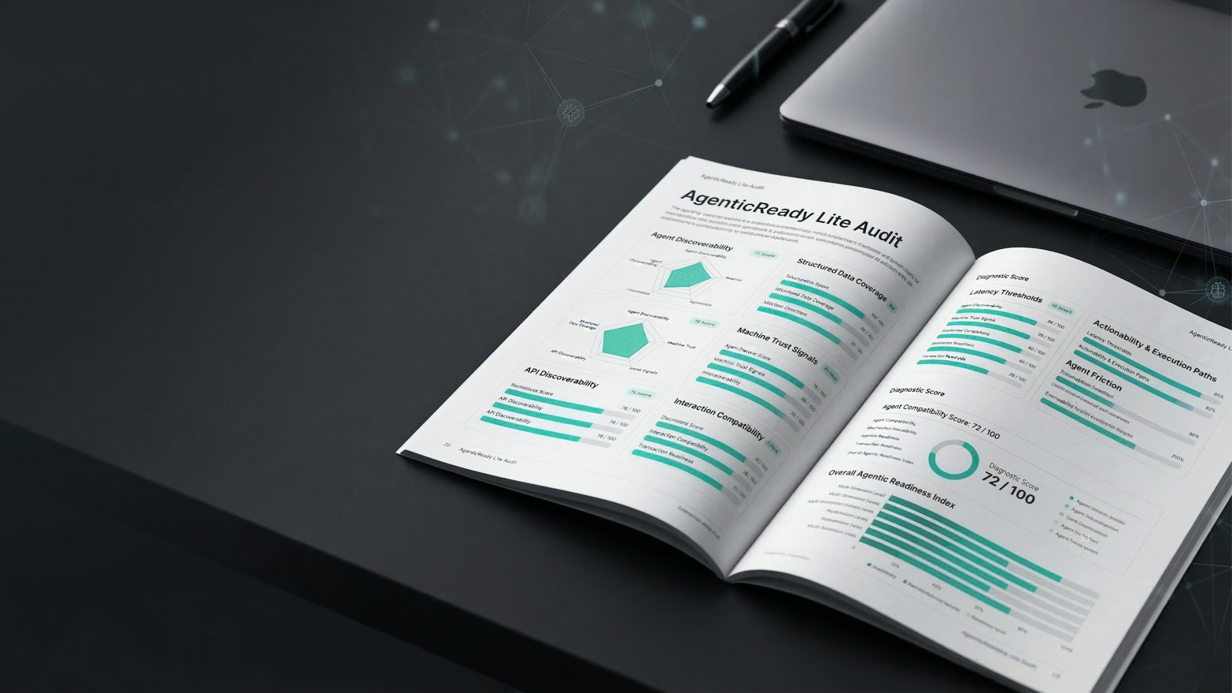 Open magazine on a dark desk displaying a report titled 'AgenticReady Lite Audit' with charts, graphs, and data analysis regarding agent discovery, data coverage, trust signals, and compatibility scores. A laptop and pen are nearby.