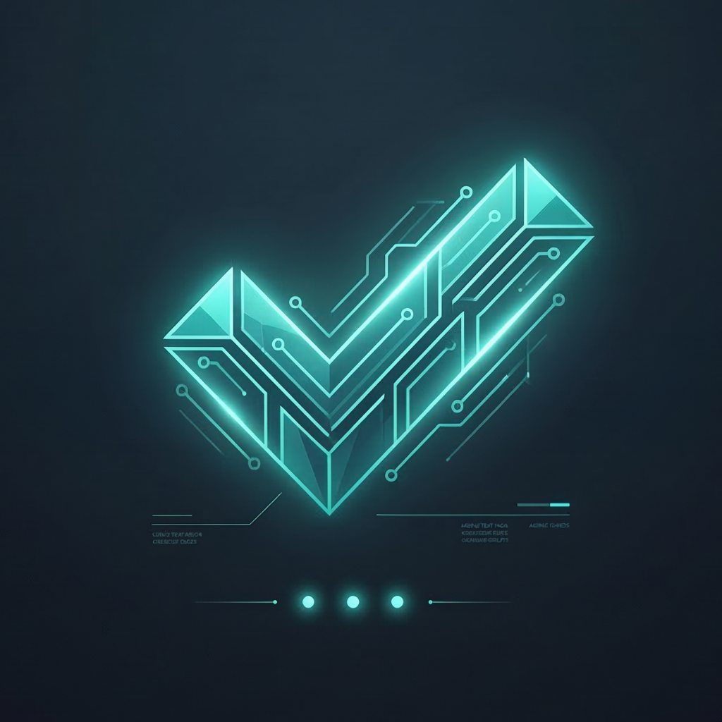Digital illustration of a 3D checkmark made of lines and circuitry, glowing in blue, indicating success or approval.