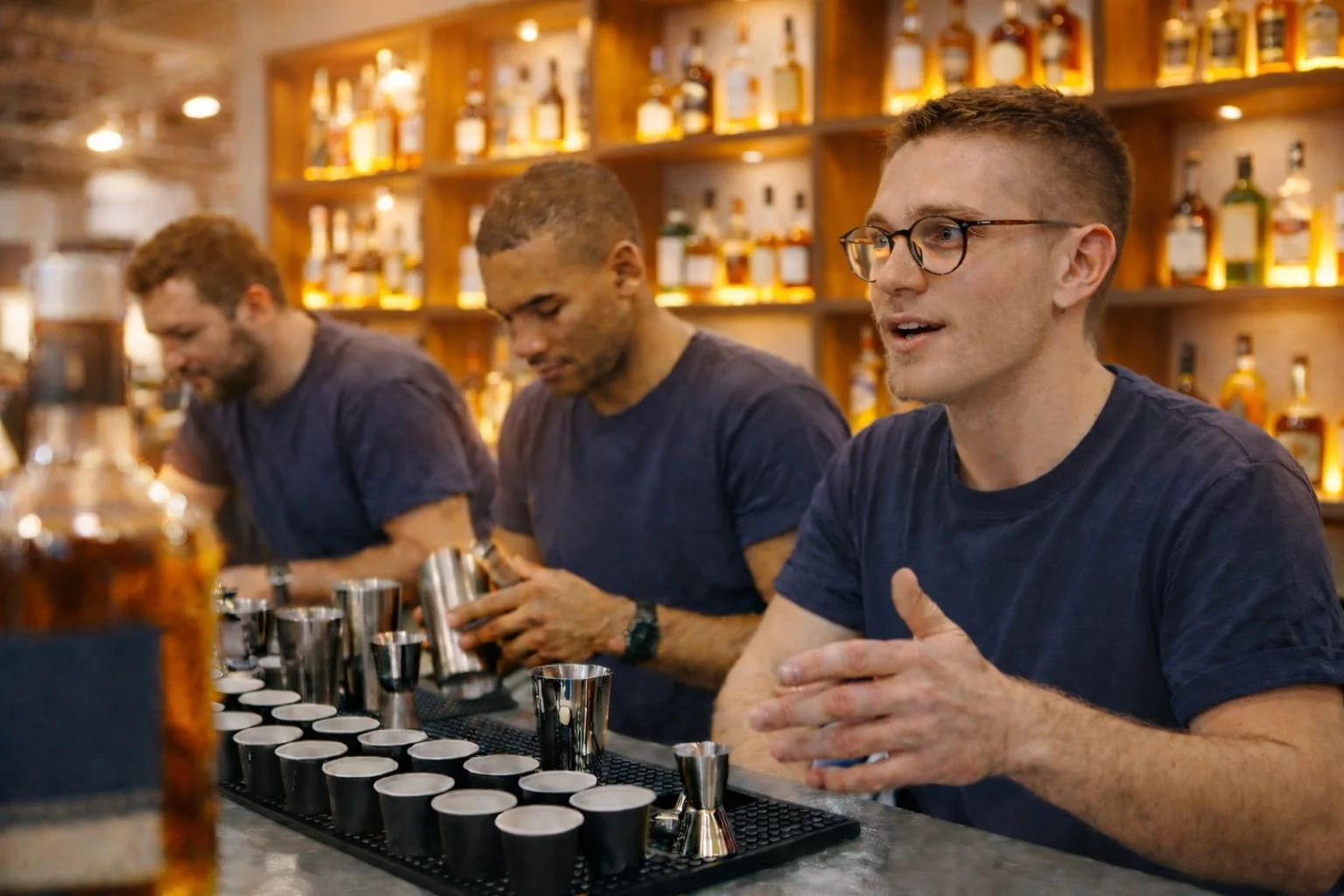 Three men working at a bar, pouring and preparing drinks, with shelves of alcohol behind them.
