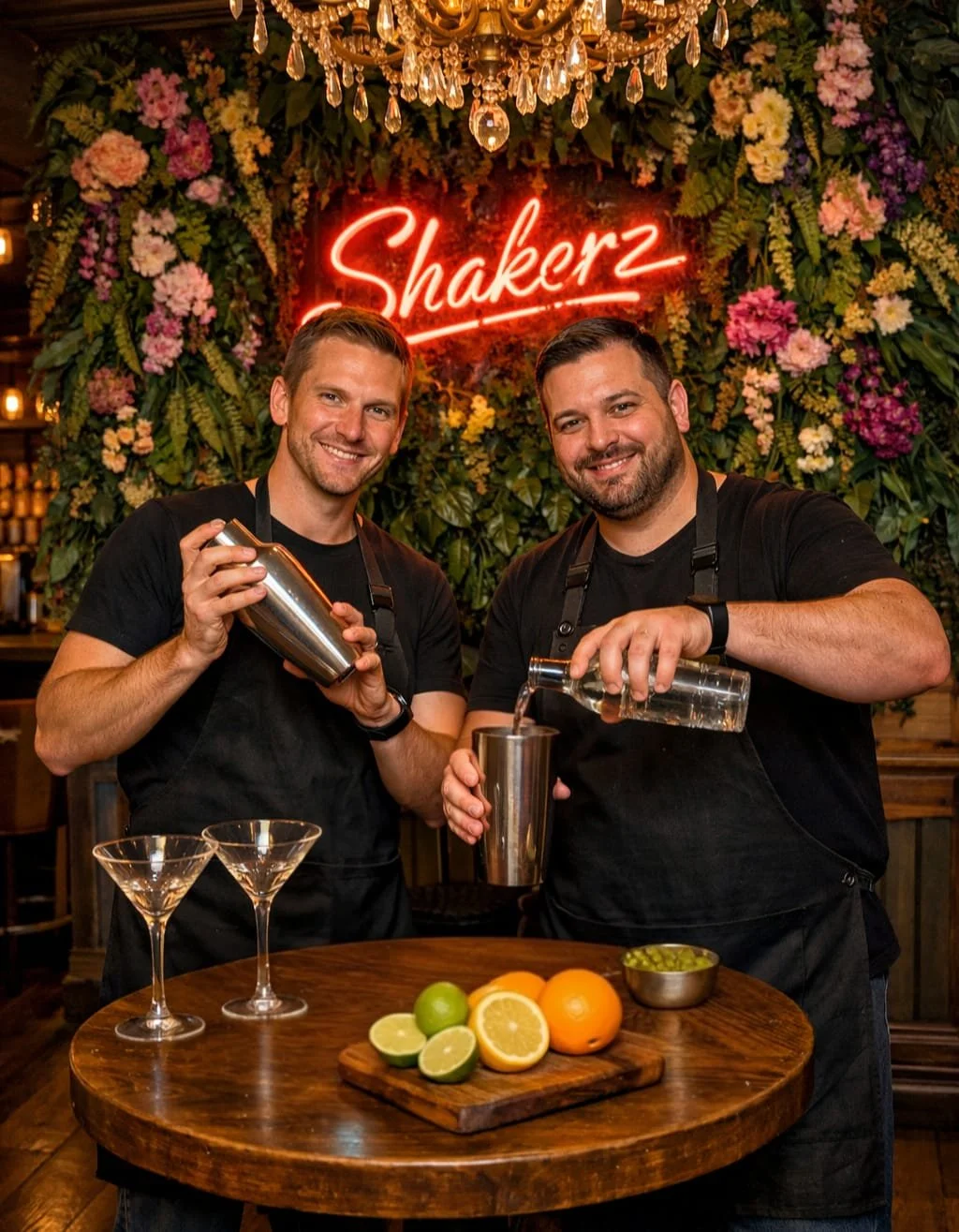 Two male bartenders smiling and preparing cocktails at a bar, with a floral backdrop and neon sign that reads 'Shakerz.' One is pouring a clear liquid into a shaker, the other is holding a shaker and a bottle. On the table are two martini glasses, a cutting board with lemon, lime, and orange, and a small bowl of green garnish.