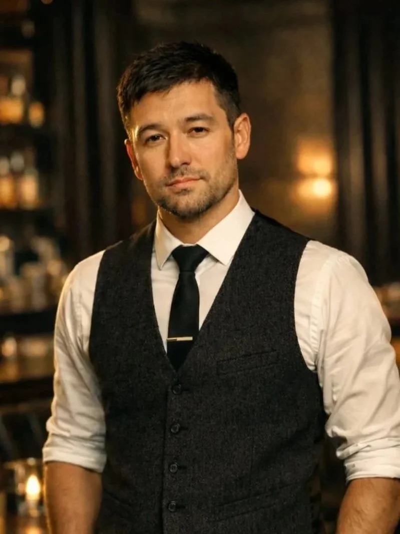 A man with dark hair and a beard wearing a white shirt, black vest, and black tie standing in a dimly lit room with a blurred background.