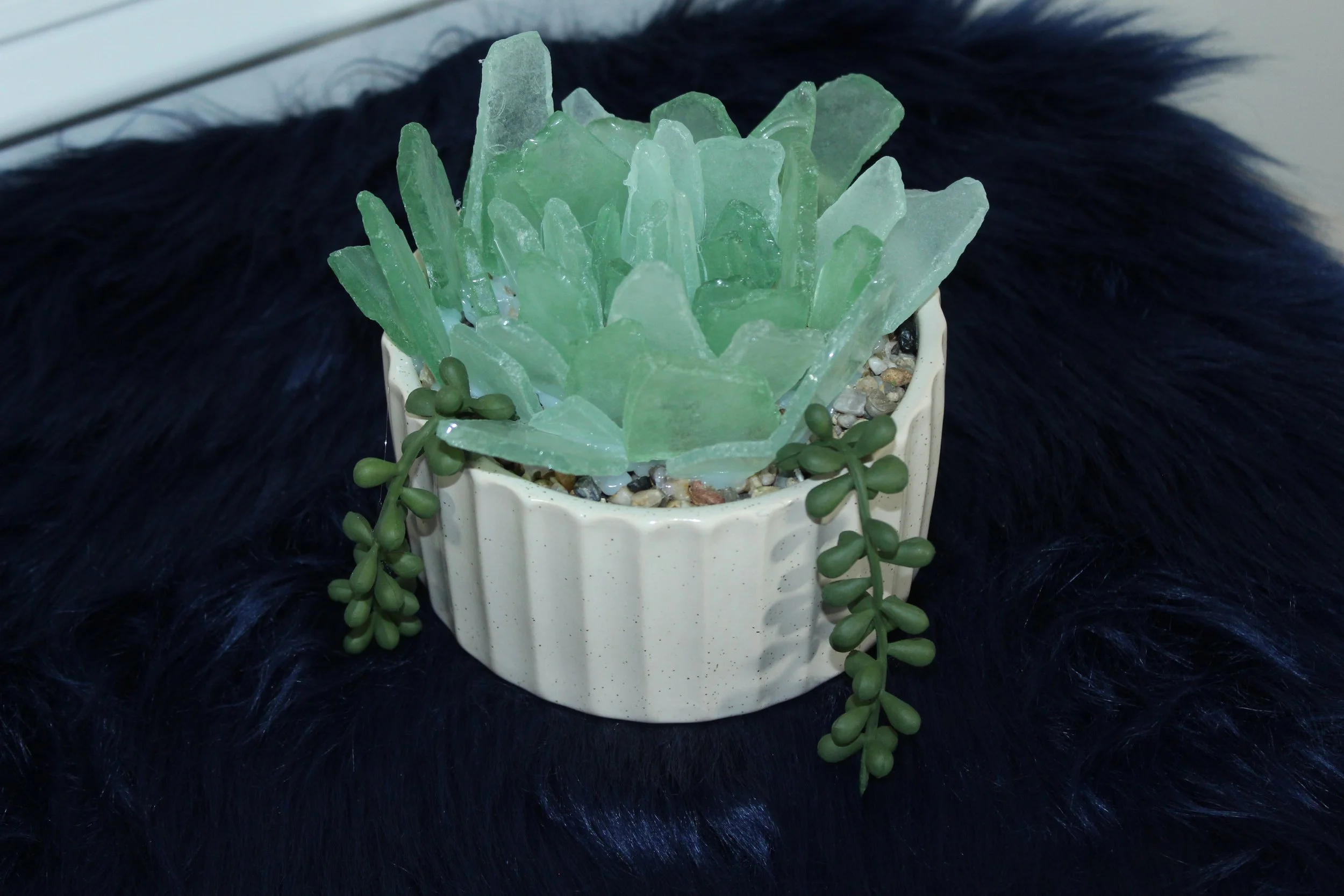 Large succulent -cream ceramic pot and light green seaglass.JPG
