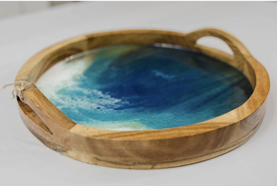 Ocean-Inspired Round Wooden Serving Tray with Artistic Resin Inlay