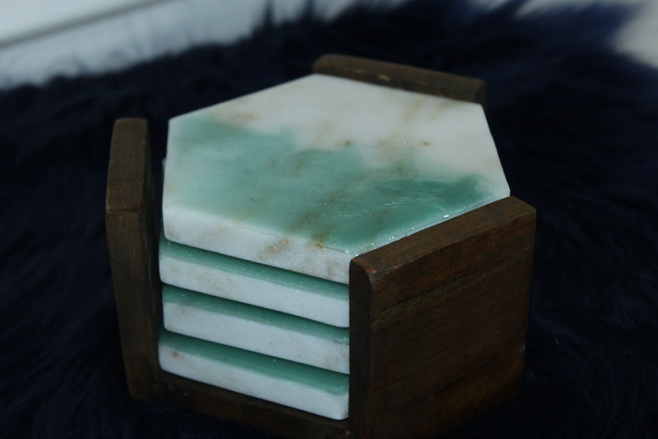 Ocean-Inspired Hexagon Stone Coasters – Set of 4 with Wooden Holder.JPG