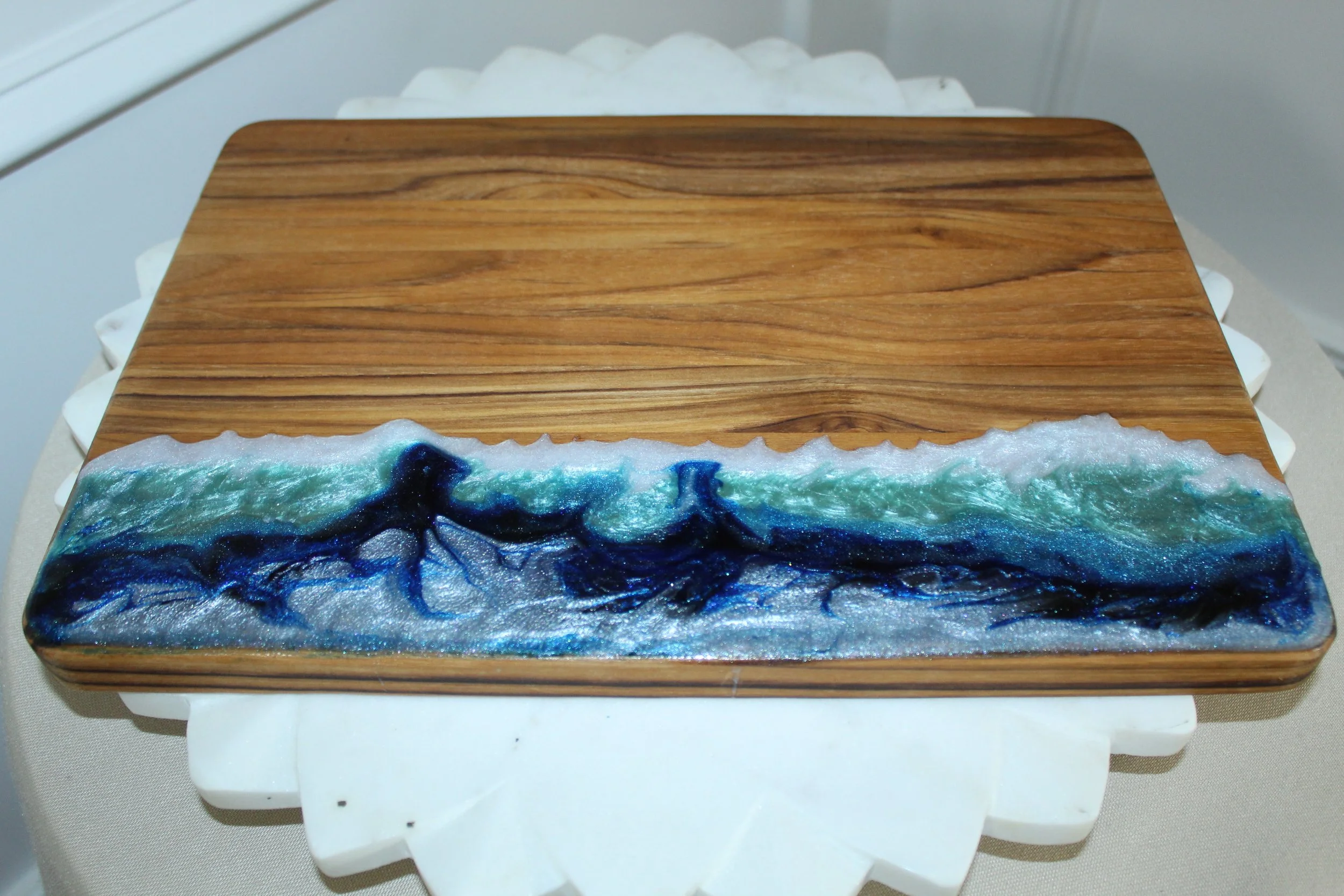 Artisan Wood and Wave Resin Cutting Board - White and Dark Blue