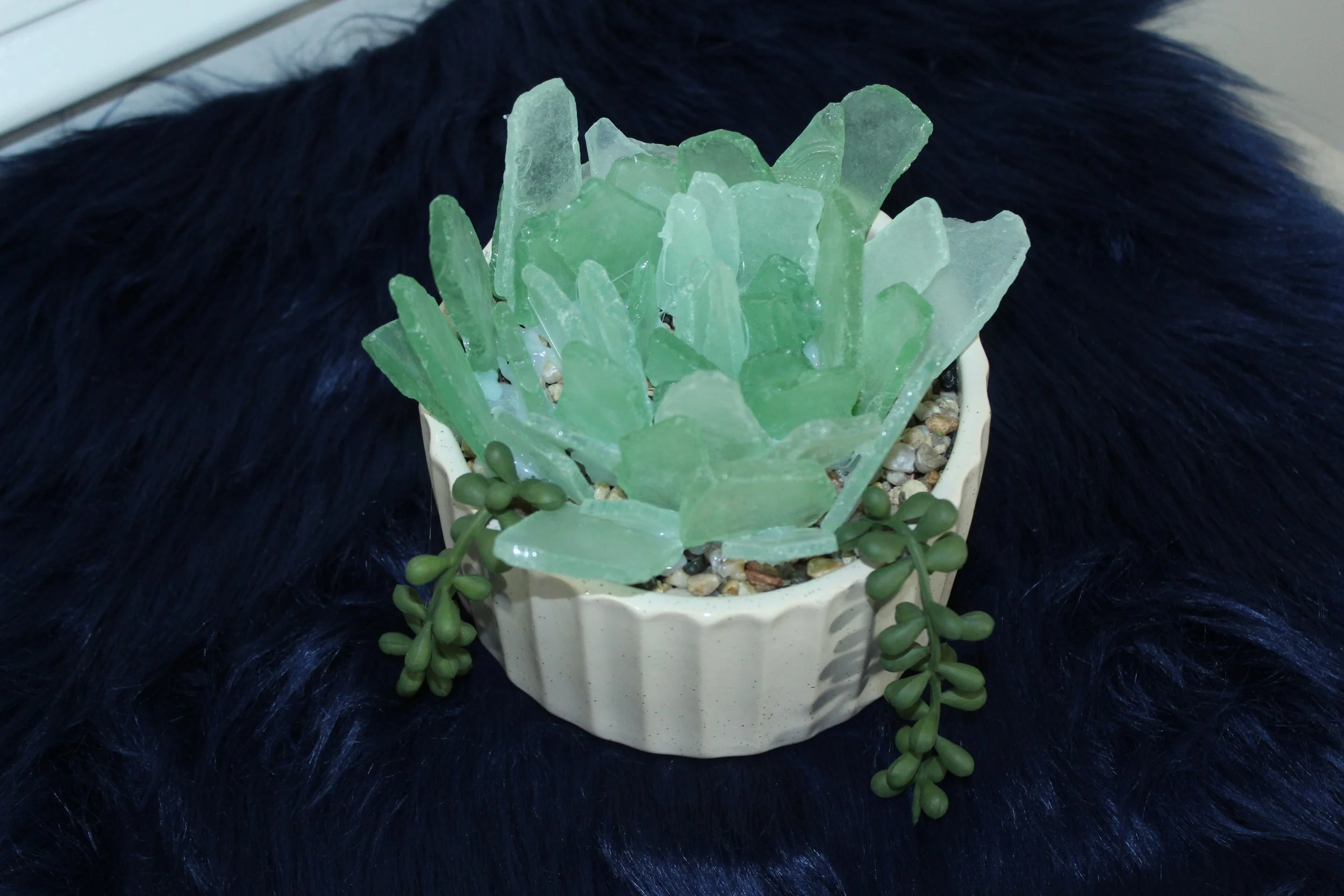Large succulent -cream ceramic pot and light green seaglass4.JPG