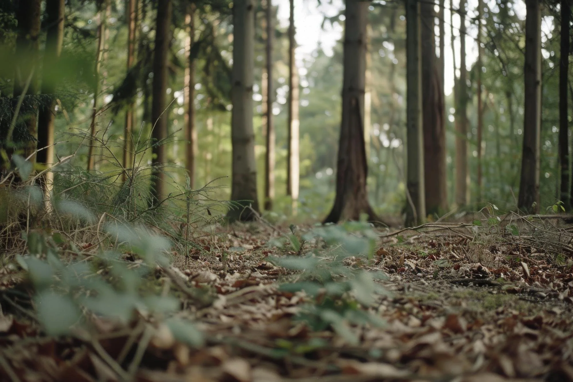 A view through woodland trees from low down, with crispy brown leaves and an out-of-focus sky in the distance.