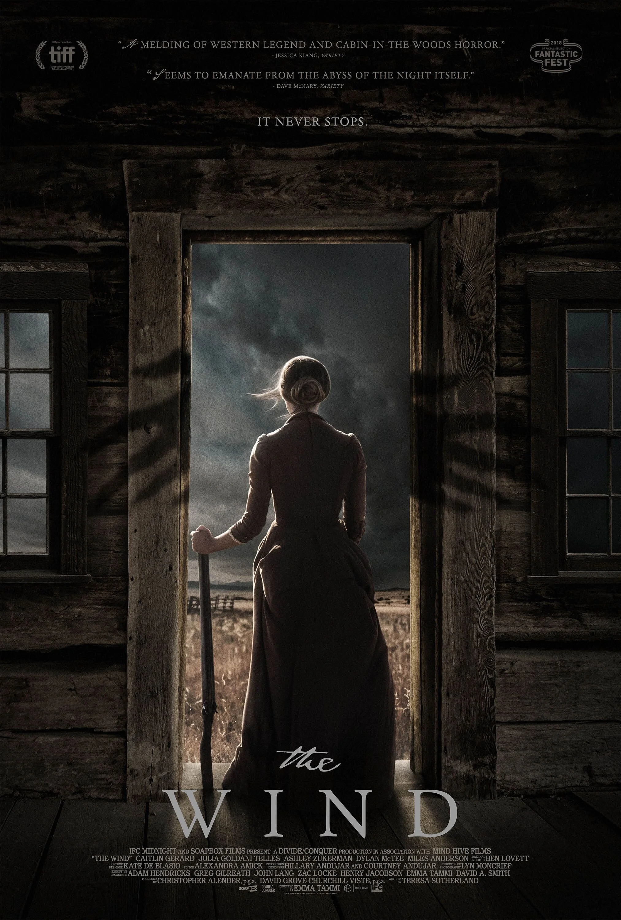 Poster for The Wind (2018), a frontier horror film produced by Soapbox Films and directed by Emma Tammi.
