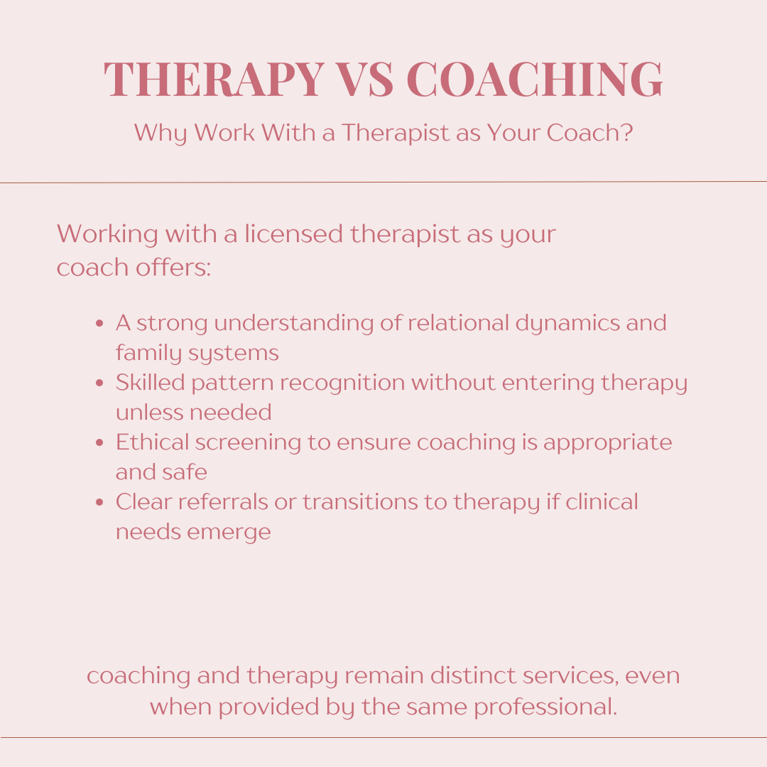 A pink informational graphic titled "Therapy vs Coaching: Why Work With a Therapist as Your Coach?" with bullet points explaining the differences and benefits, highlighted in shades of pink.