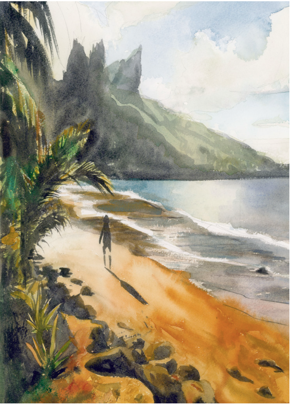 Paysage côtier avec une plage, une mer calme, une montagne en arrière-plan et un ciel partiellement nuageux. Un personne marche sur la plage.