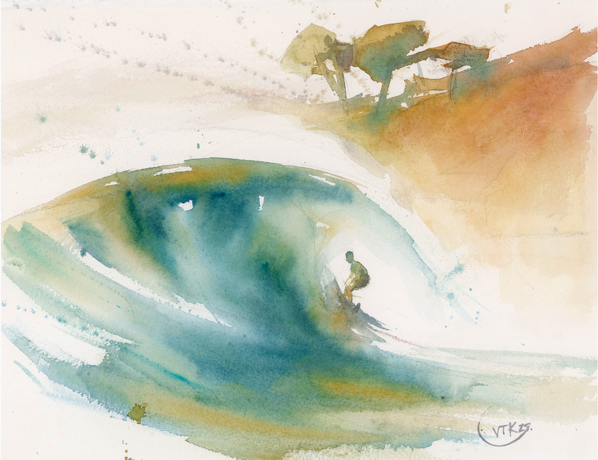 Une peinture aquarelle représentant une vague avec un surfeur et des arbres au fond, avec des couleurs douces et une ambiance calme.