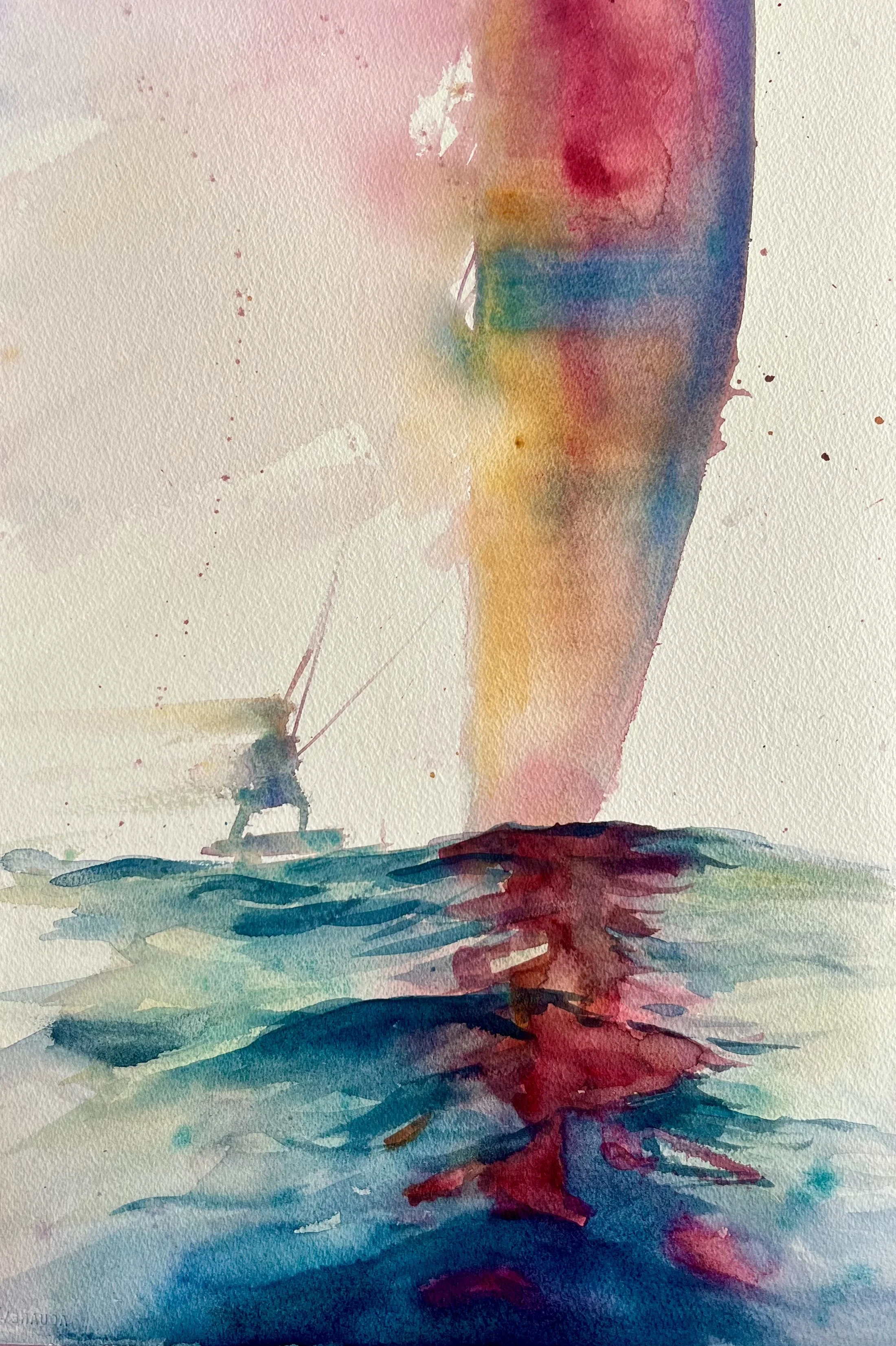 Un spectacle de voile à la mer avec un voilier au loin et un tourbillon de couleurs vives dans le ciel, peint à l'aquarelle.