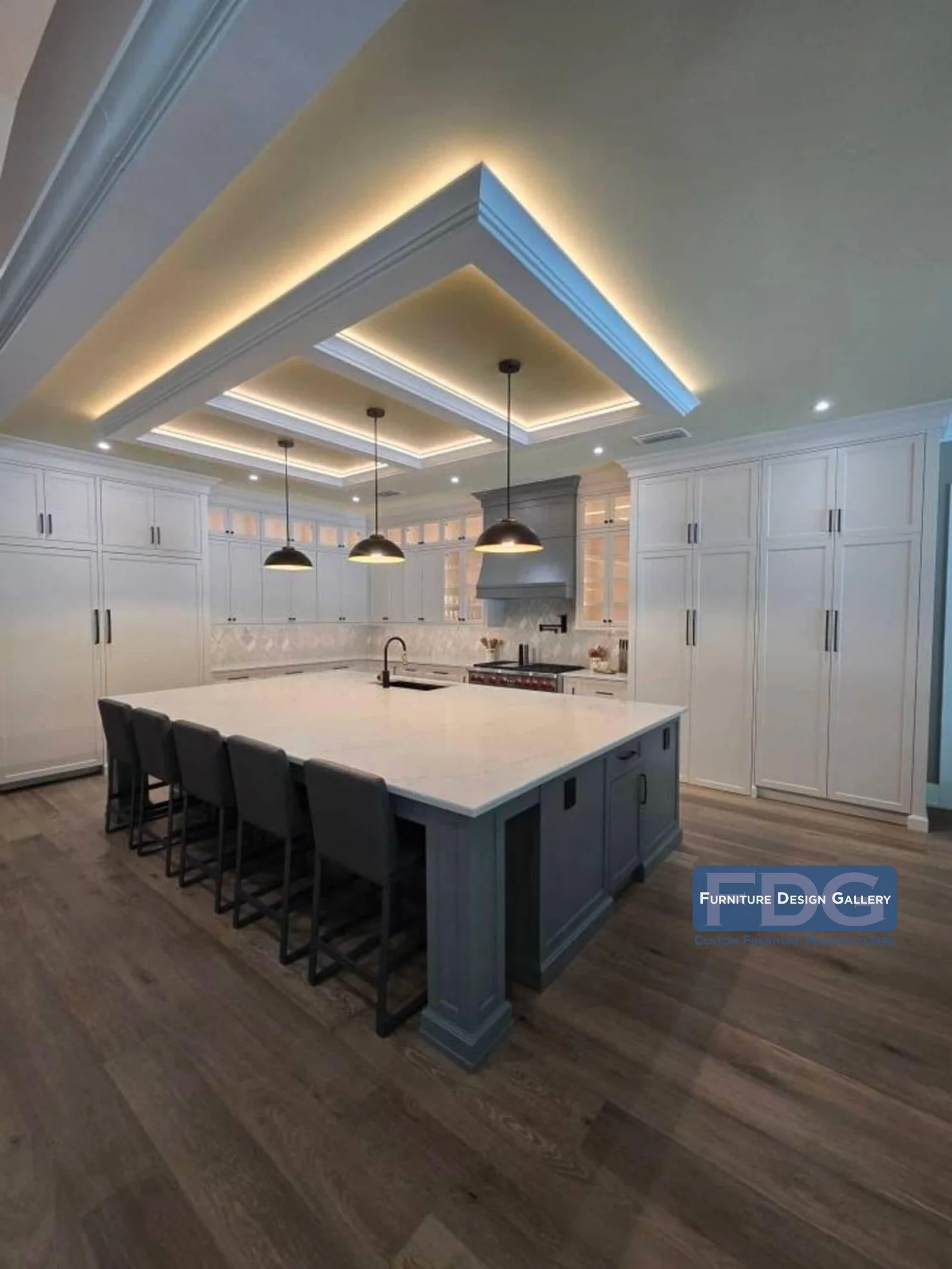 6.  Tailored cabinetry layout with maximum pantry storage, custom range hood, and a dual-tone island designed for entertaining.