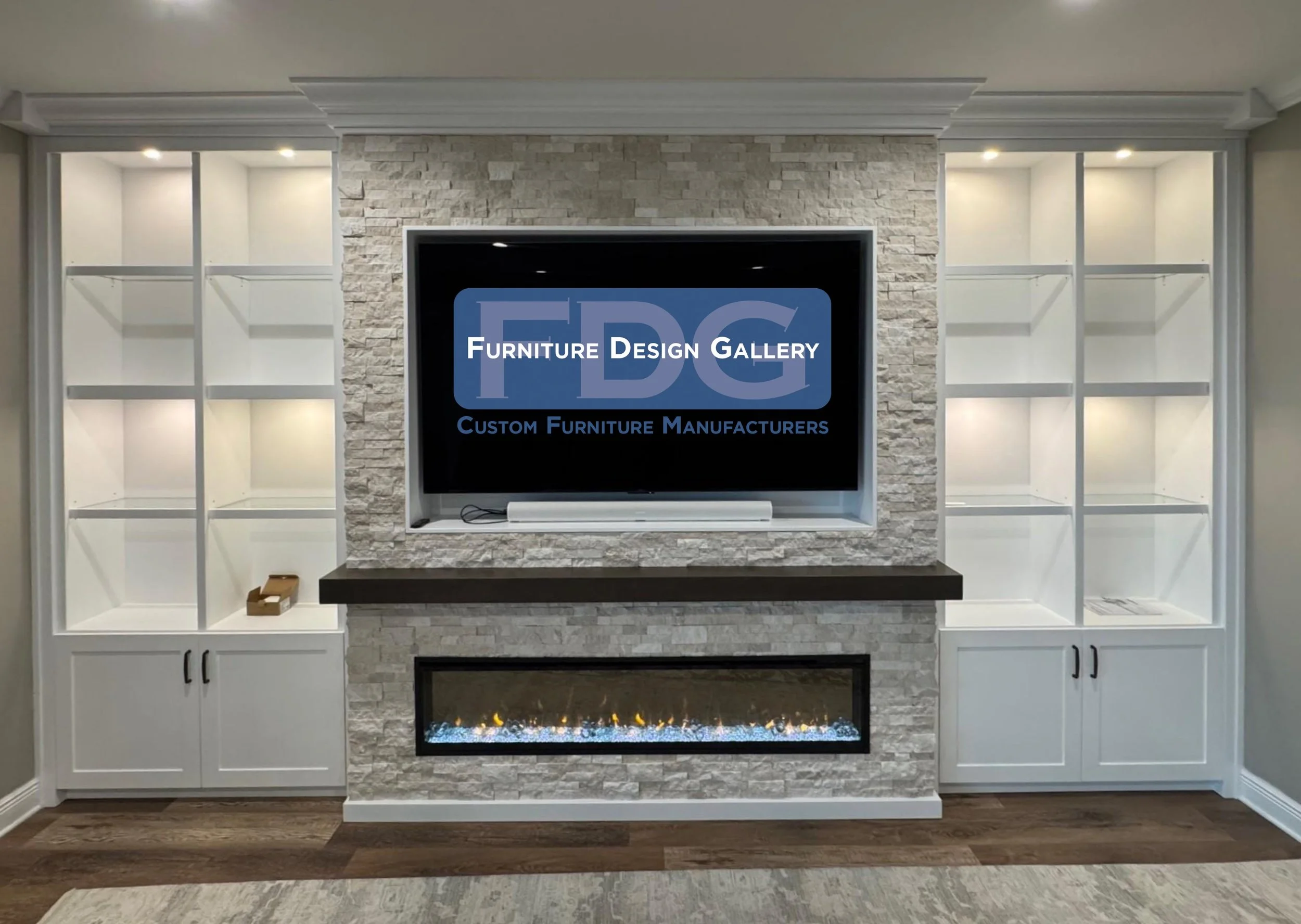 57. Transform your living room with a stunning floor-to-ceiling focal point. This custom wall unit blends modern stonework with elegant cabinetry and integrated lighting for the ultimate cozy atmosphere.