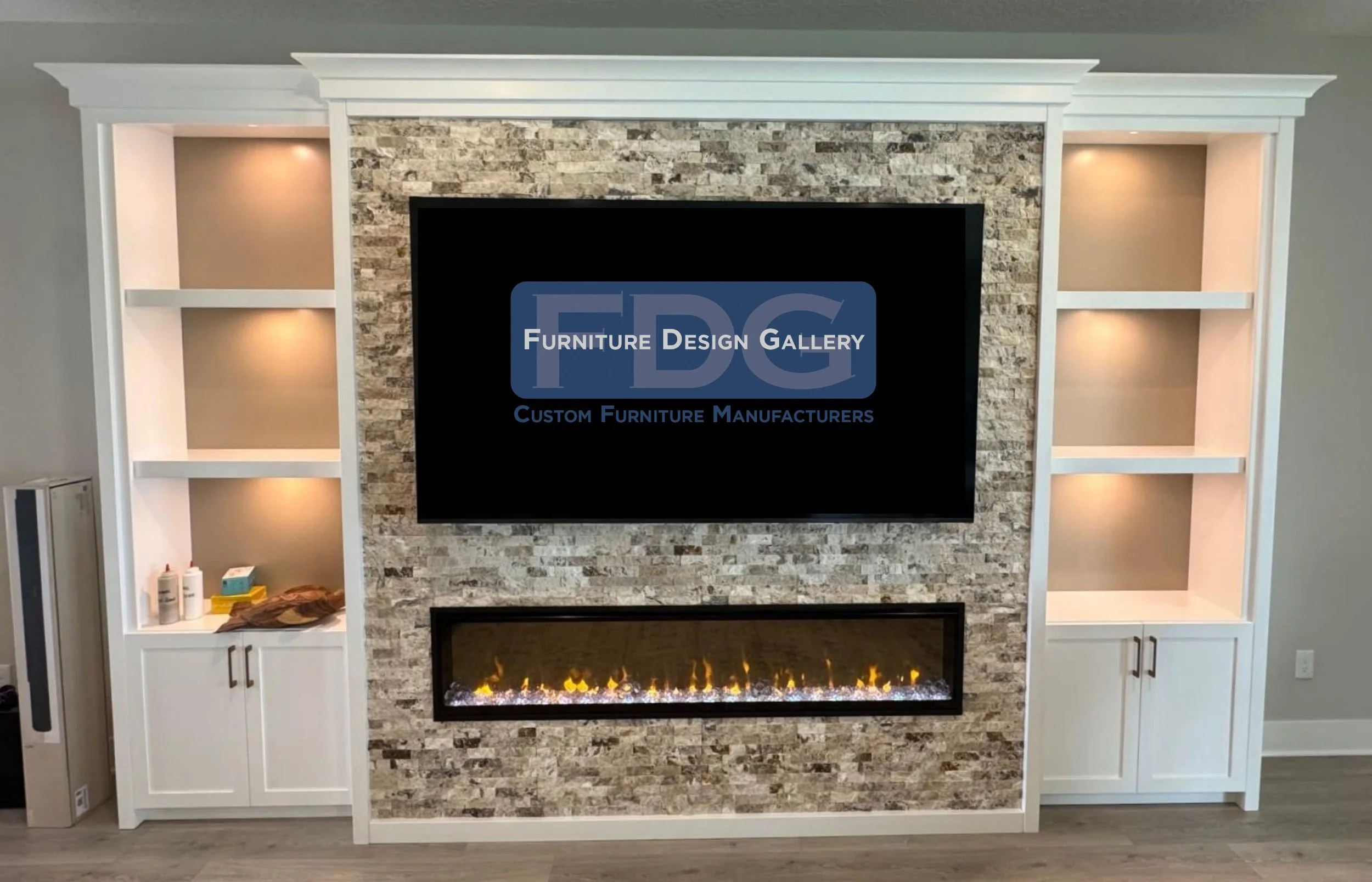 11. Modern elegance meets cozy warmth. This custom unit pairs crisp white cabinetry with a natural stone fireplace for the ultimate focal point.