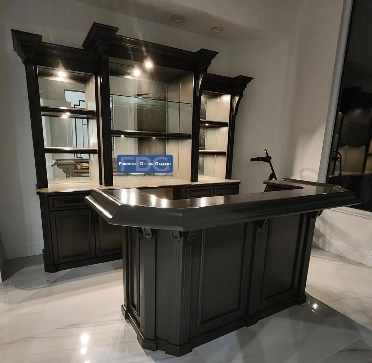 5.  Bespoke Wet Bar Design | Elegant two-piece home bar with classic fluted column details, molded trim, and illuminated glass display shelves.
