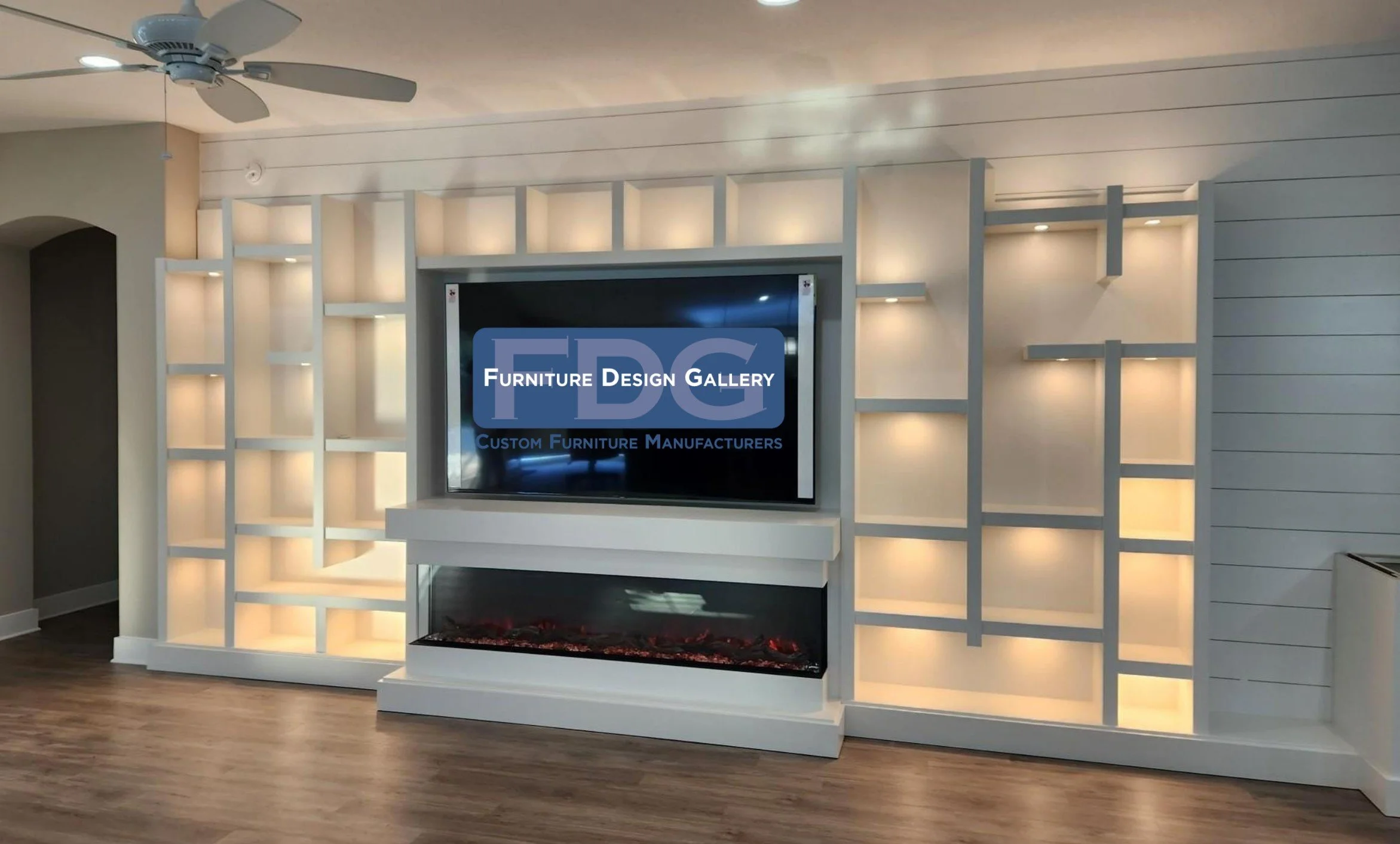 22. A stunning floor-to-ceiling custom wall unit featuring integrated LED lighting, an electric fireplace, and a textured shiplap backdrop for the ultimate cozy focal point.