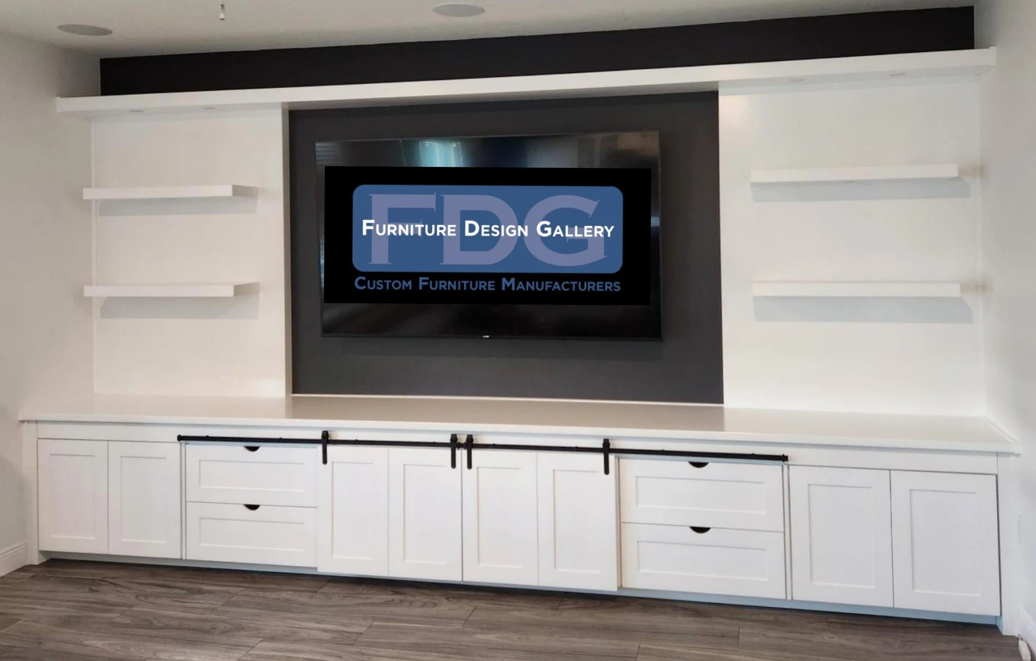 21. Modern minimalism meets rustic charm with this sleek built-in entertainment center, featuring sliding barn door accents and clean floating shelves.