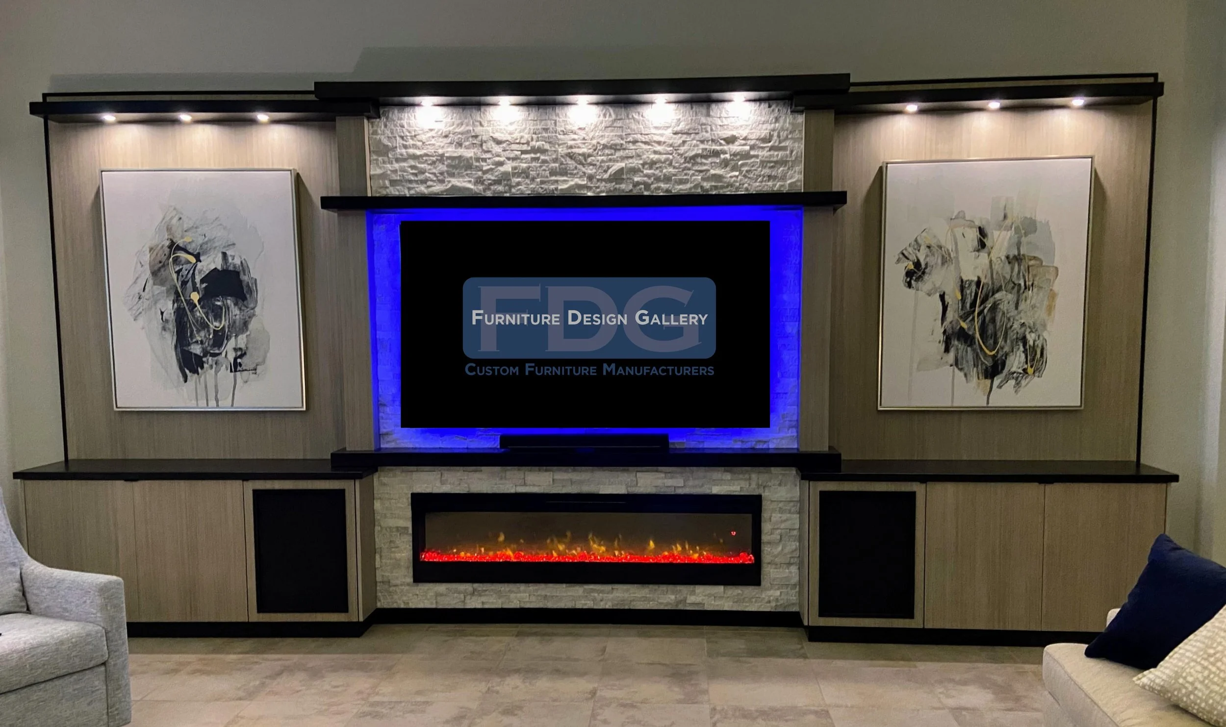 50. Bold design meets ultimate comfort. This custom wall unit features textured stonework, ambient LED backlighting, and an integrated fireplace for a stunning, high-contrast entertainment experience.