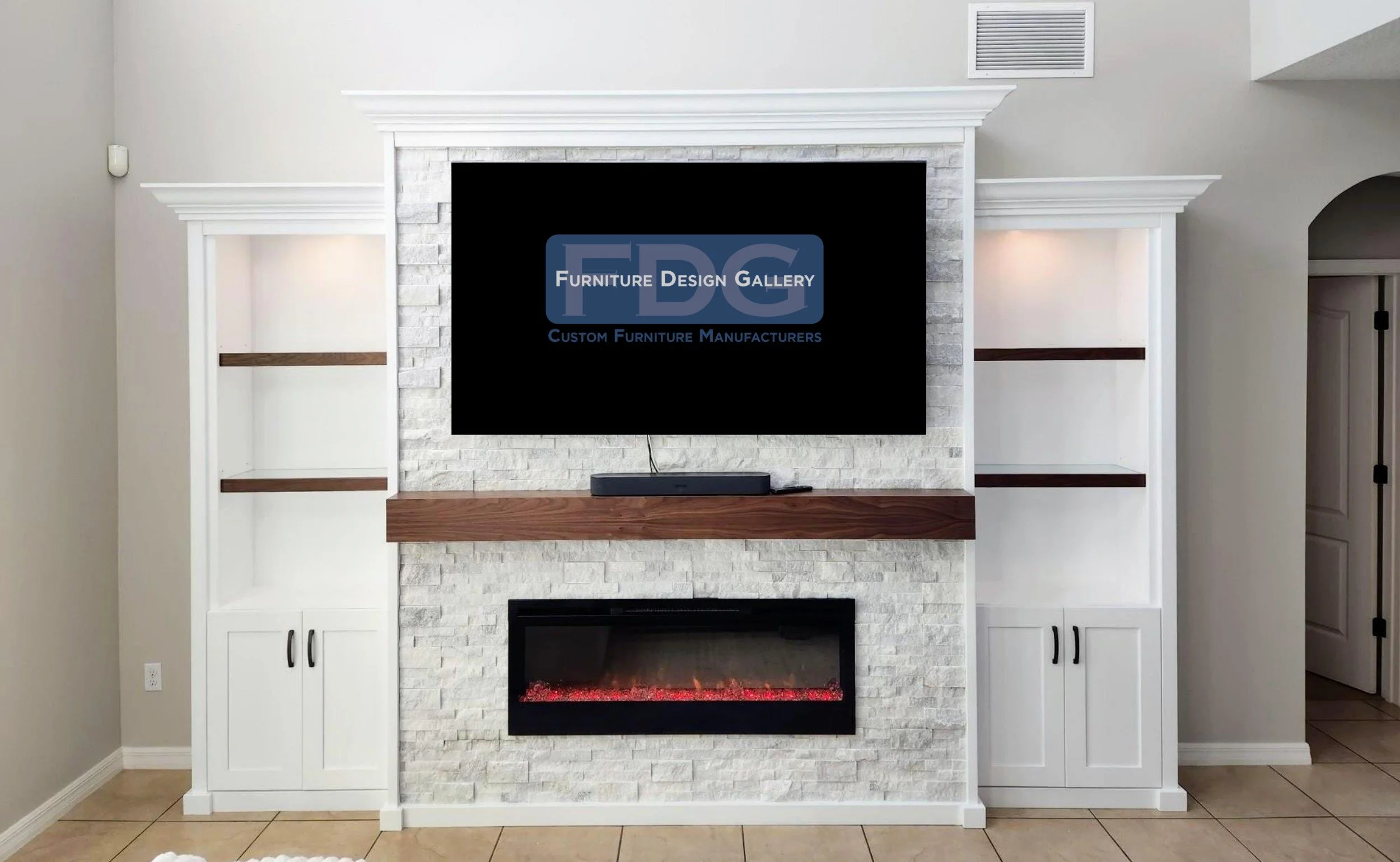 47. Clean, crisp, and contemporary. This custom white wall unit features a bright stacked-stone fireplace surround, a rich wood-tone mantel, and open shelving with integrated lighting for a timeless, airy feel.