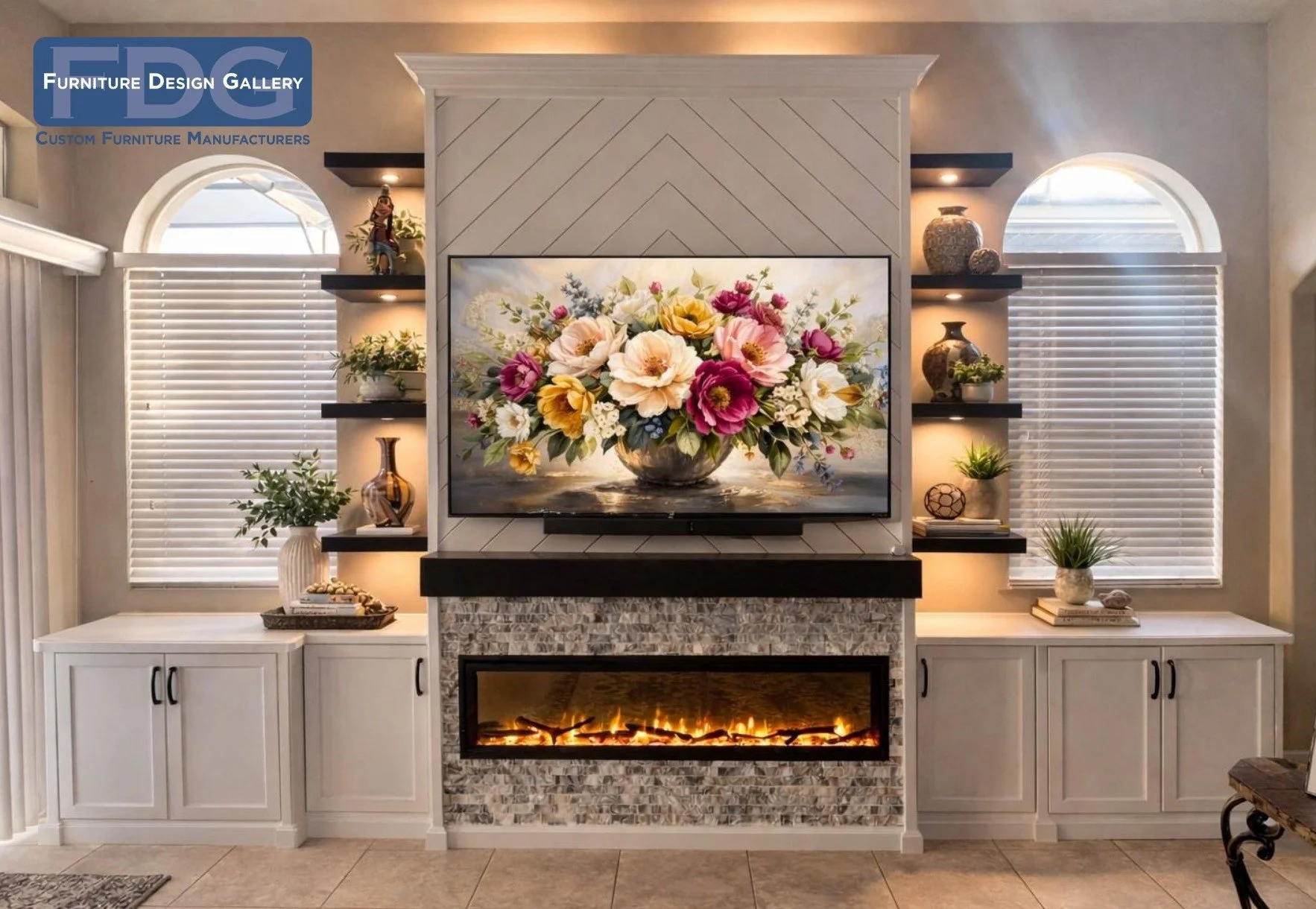24. This stunning wall unit blends luxury and warmth, featuring a chevron-patterned TV surround, illuminated floating shelves, and a stacked-stone electric fireplace for a perfect living room centerpiece.