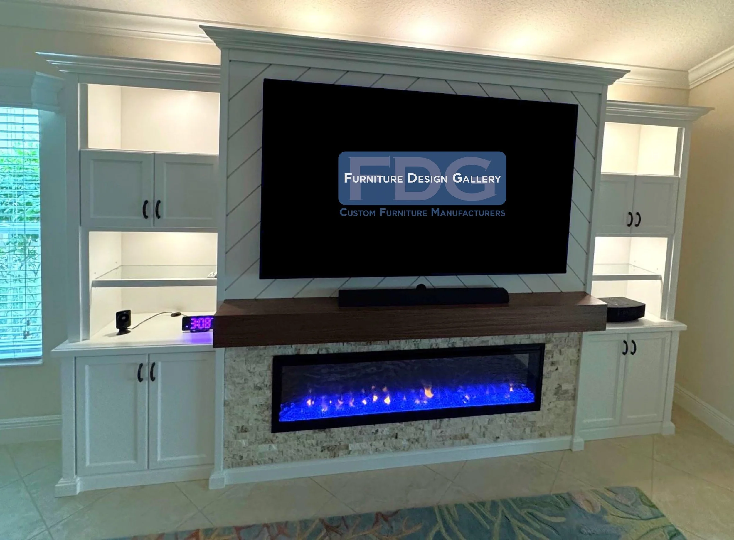 36. Modern luxury at its finest: a stunning entertainment hub featuring a shiplap accent wall, integrated electric fireplace, and warm ambient lighting.