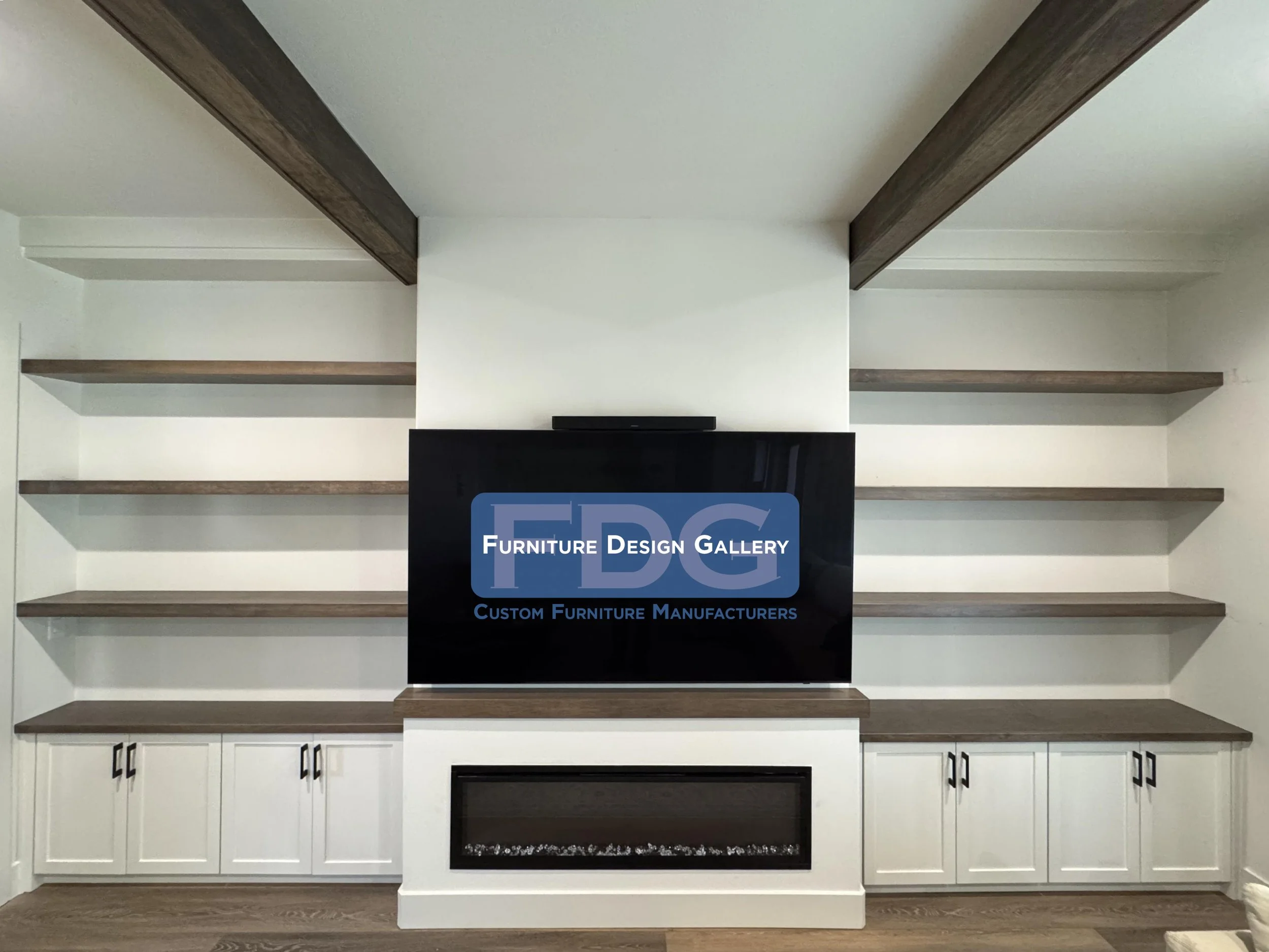 25. A masterpiece of symmetry and style, this custom wall unit features warm wood floating shelves, complimenting the ceiling beams, and a sleek integrated fireplace for the ultimate modern-meets-rustic aesthetic.