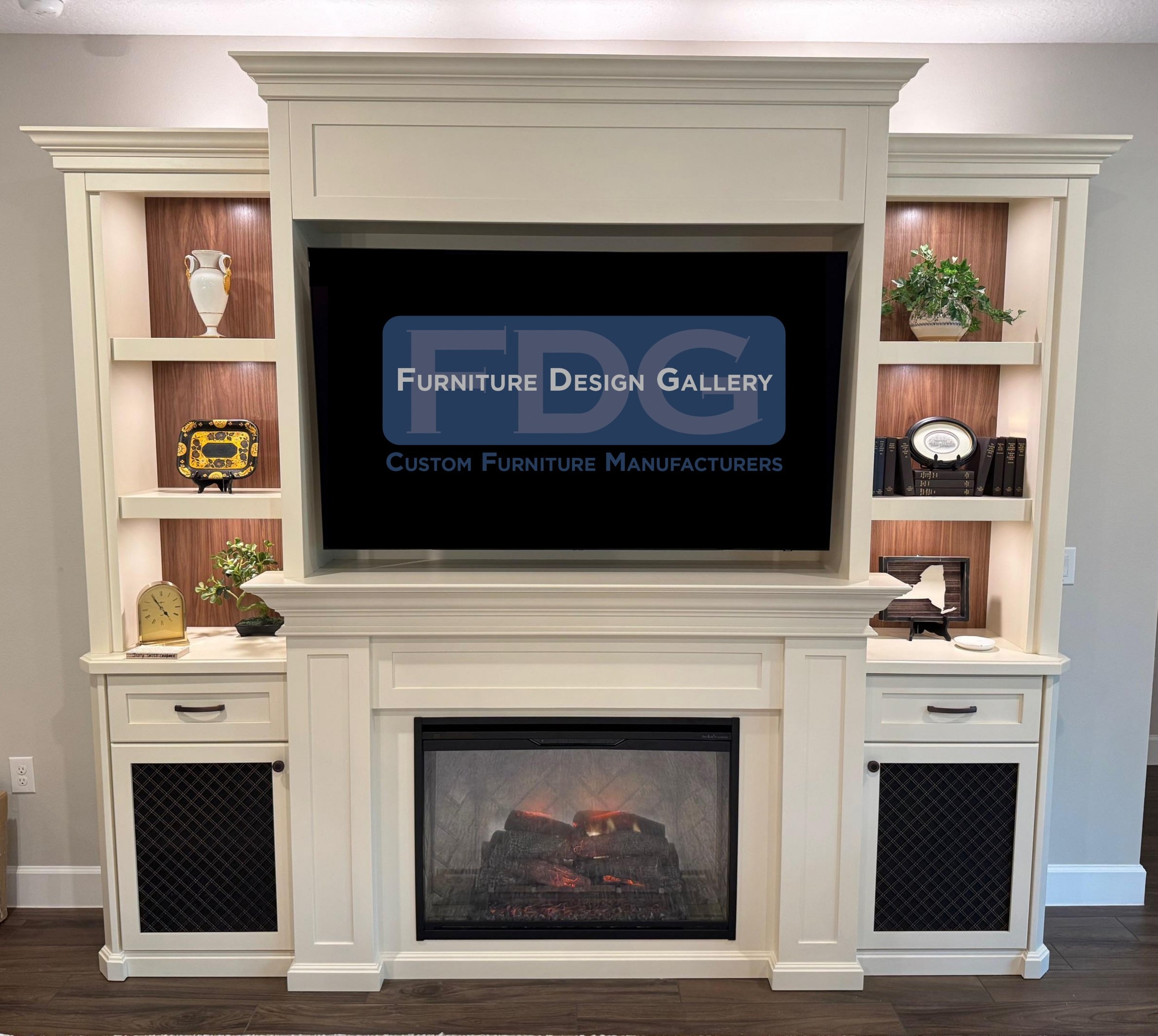 14. Timeless charm meets modern function. This elegant off-white wall unit features rich wood-backed shelving, acoustic cabinet doors, and a classic mantel-style fireplace for a truly warm home center.