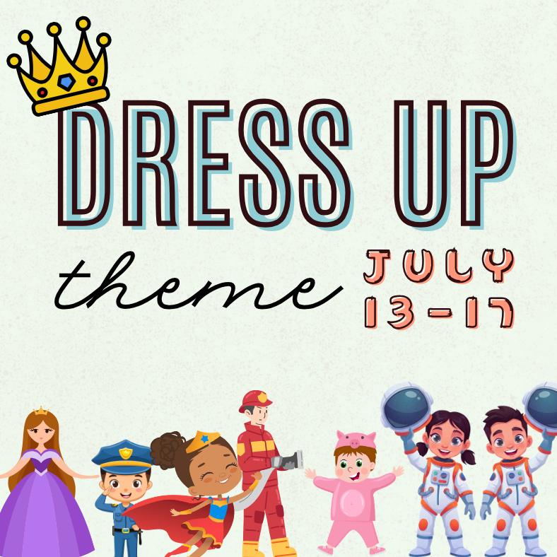 Party theme invitation for a dress-up event with a crown, princess, police officer, firefighter, pig costume, and astronauts, scheduled from July 13 to 17.