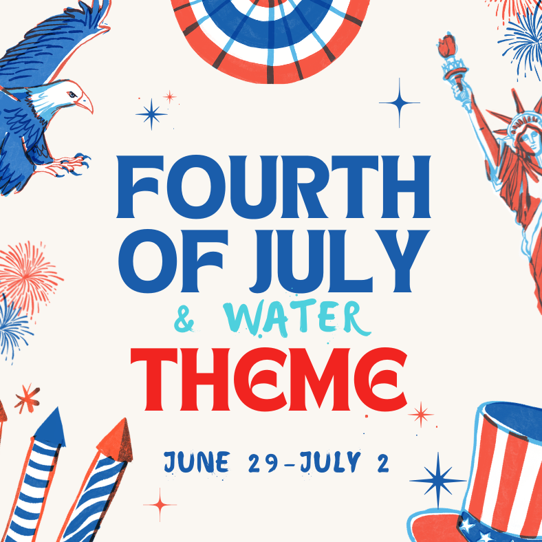 Patriotic Fourth of July celebration poster with fireworks, American flags, and related symbols, promoting events from June 29 to July 2.