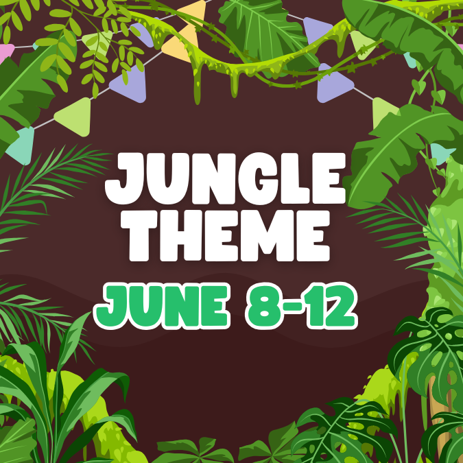 Jungle-themed event poster with tropical leaves and vines surrounding the text 'Jungle Theme June 8-12' in bold white and green letters.
