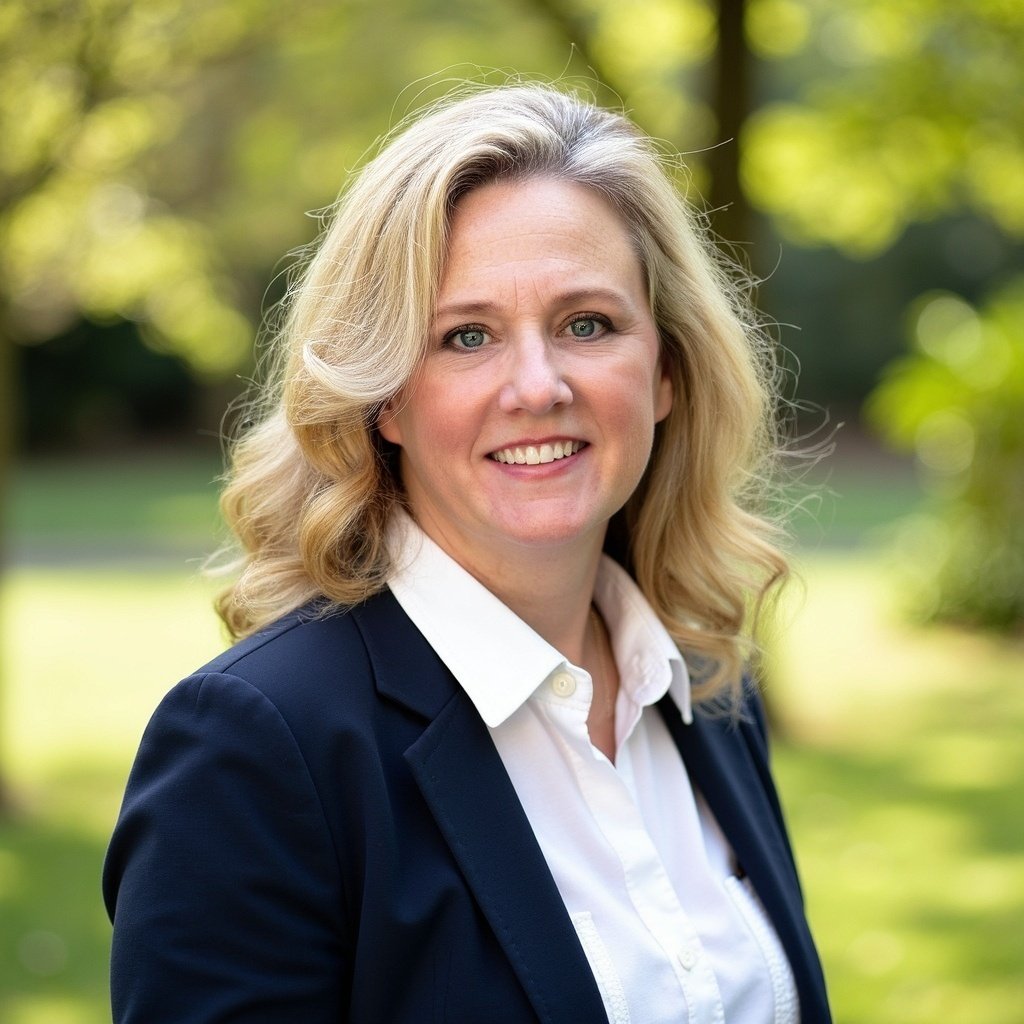 A woman with blonde, wavy hair smiling outdoors in a park setting, wearing a white shirt and navy blazer.