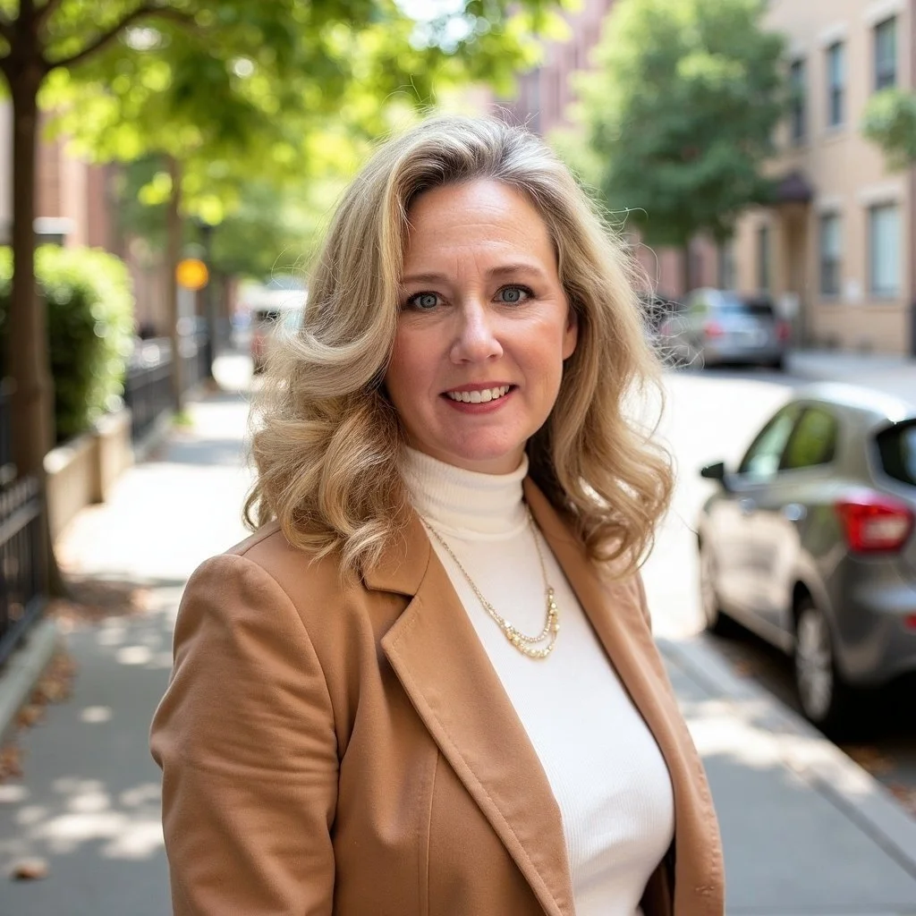 A woman with blonde, wavy hair smiling outdoors on a city sidewalk. She is wearing a beige blazer, a white turtleneck, and a gold necklace. There are parked cars and buildings in the background, with trees lining the street.