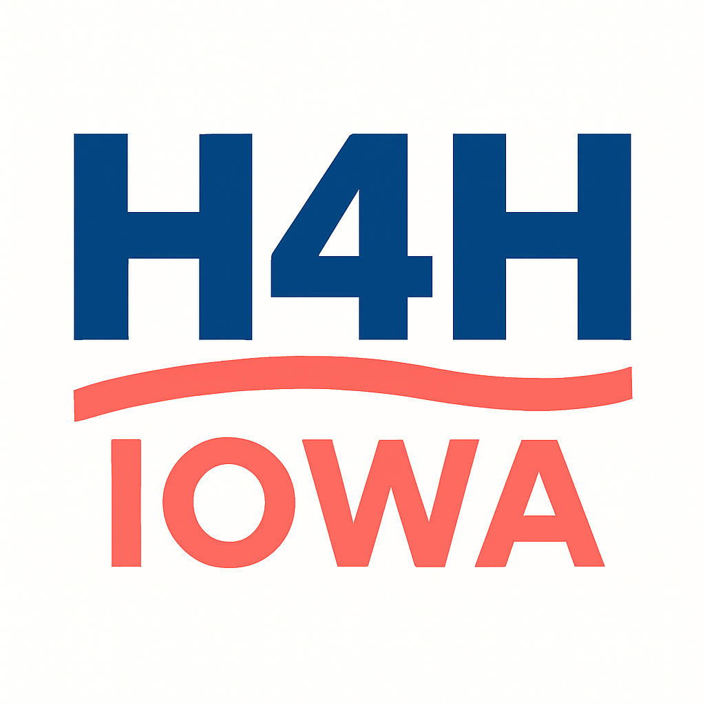 H4H Iowa logo with blue and red text and a wavy line.