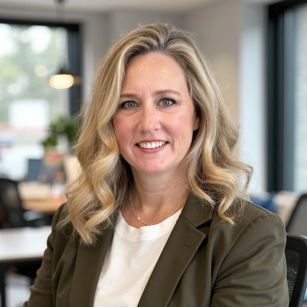 Professional woman with blonde wavy hair smiling in an office setting.