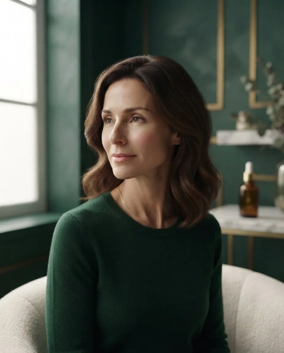 Woman with a naturally defined jawline in a calm clinic setting