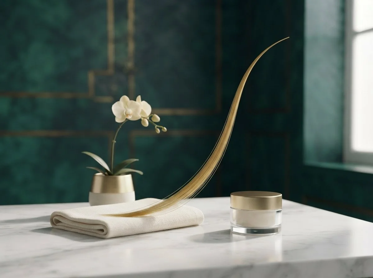 Golden thread curving across a marble surface beside an orchid
