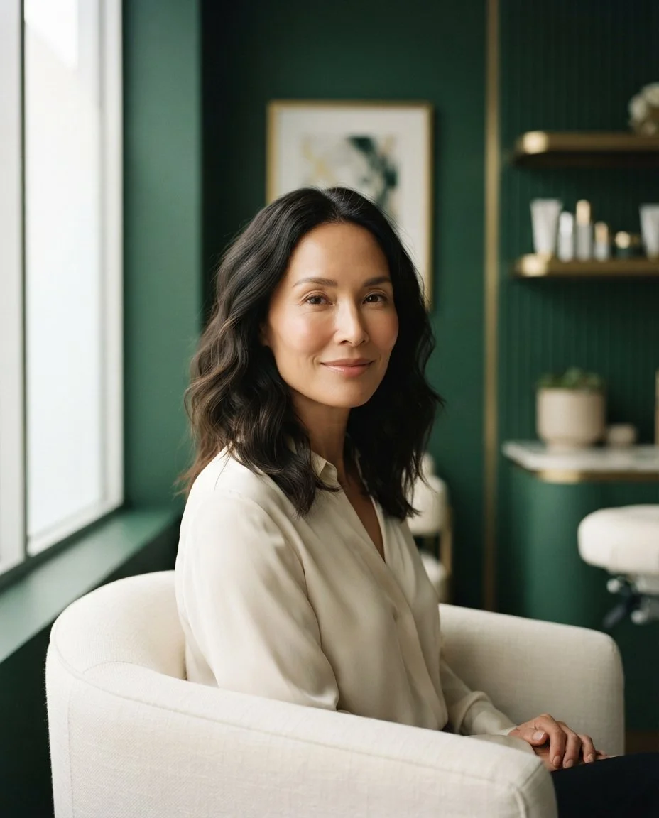 Woman with naturally balanced features in a calm clinic setting