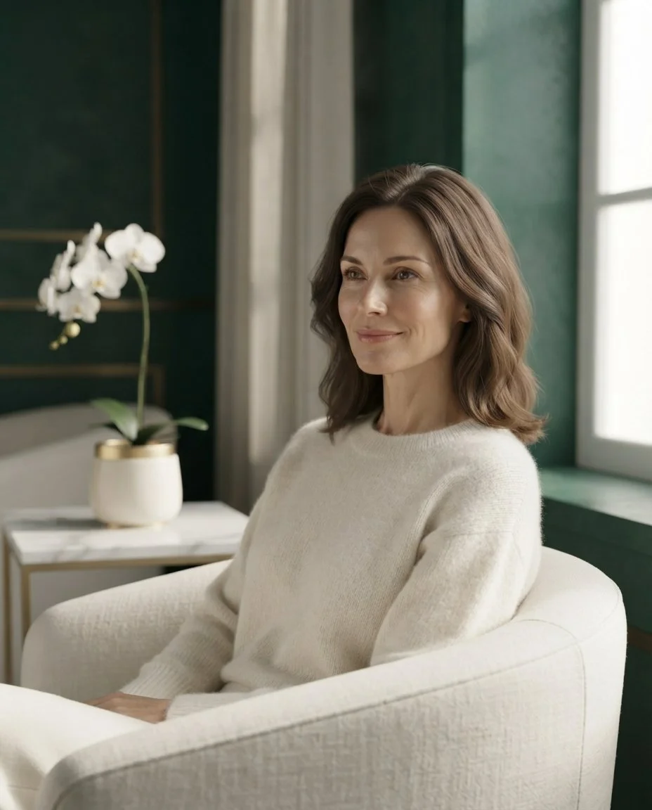 Confident woman relaxing in a calm, private clinic lounge