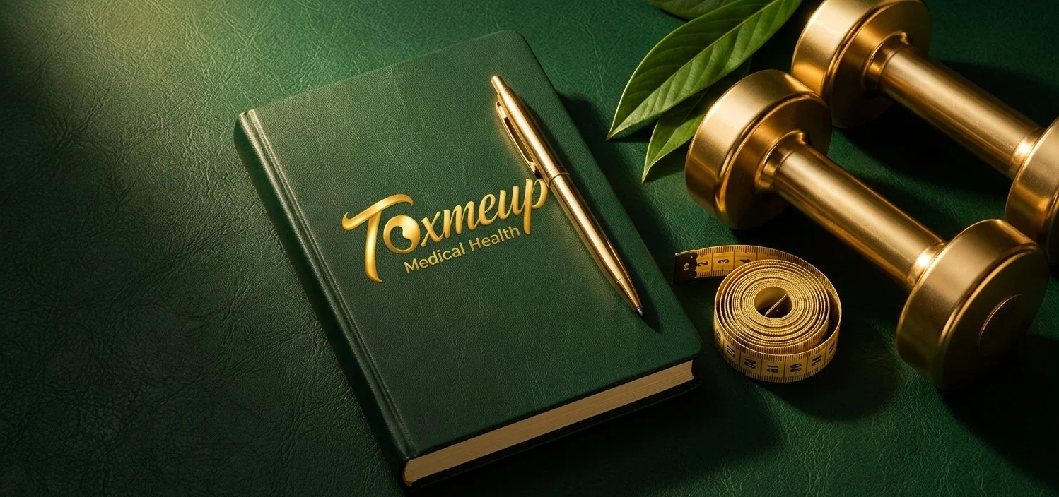 Journal, dumbbells, and measuring tape